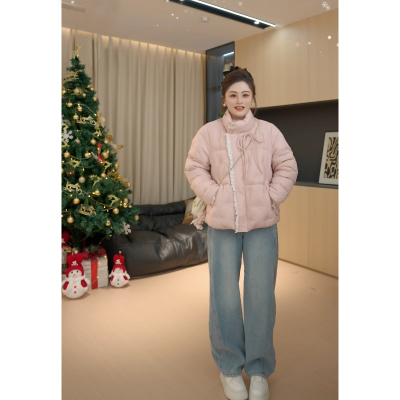 【胖佳佳】少女蝴蝶结 刺绣菱格棉服蕾丝拼接短外套女H624Z21245