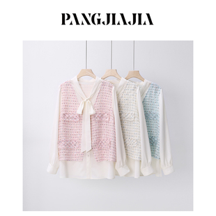 胖佳佳 春季 胖妹妹mm大码 甜香赴约衬衫 假两件拼接气质上衣 女装