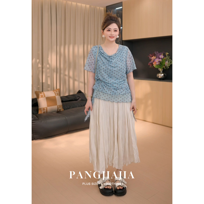 【胖佳佳】胖mm大码女装涟漪波点T恤夏季雪纺网纱设计感扎染上衣