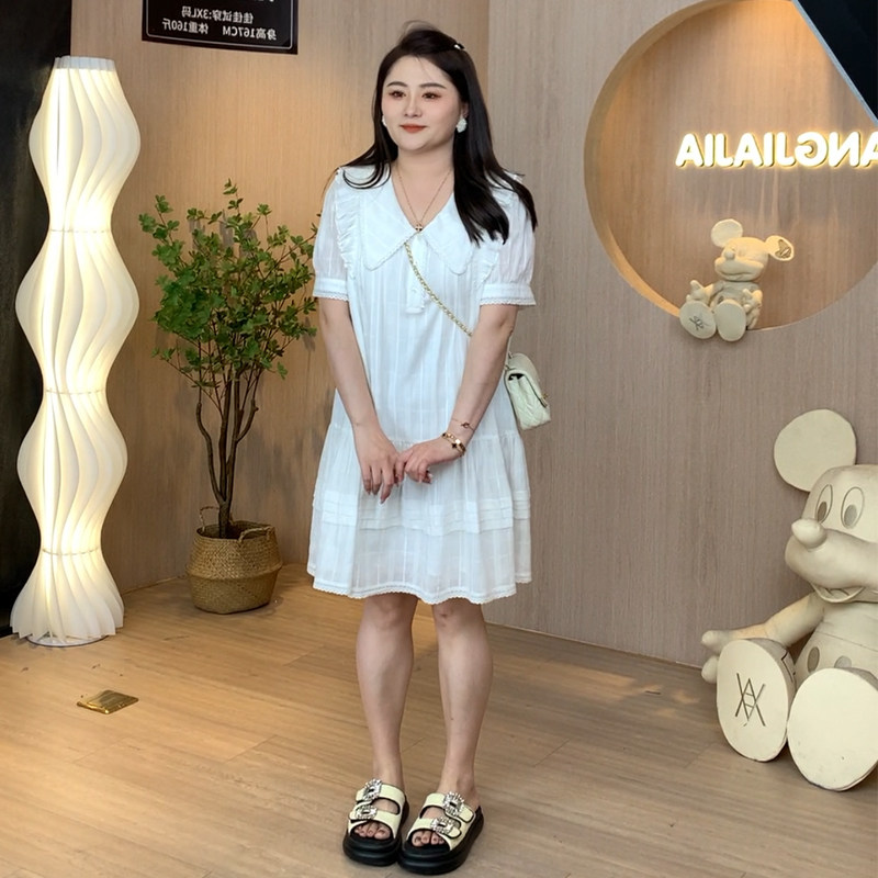 【胖佳佳大码定制】短袖连衣裙女2023夏季蕾丝花边娃娃领中长裙