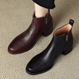 尖头厚底侧拉链高跟短靴女2026秋冬新款百搭英伦风粗跟瘦瘦马丁靴