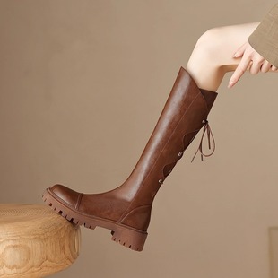 英伦风圆头厚底烟筒靴长筒后系带不过膝骑士靴冬季 保暖百搭高筒靴