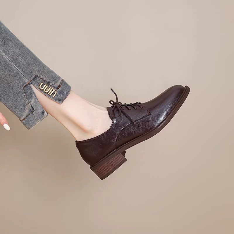 复古风真皮圆头厚底深口单鞋女26英伦风系带粗跟乐福鞋百搭小皮鞋,女鞋,深口单鞋,淘宝优惠券,粉丝福利购,淘宝优惠卷