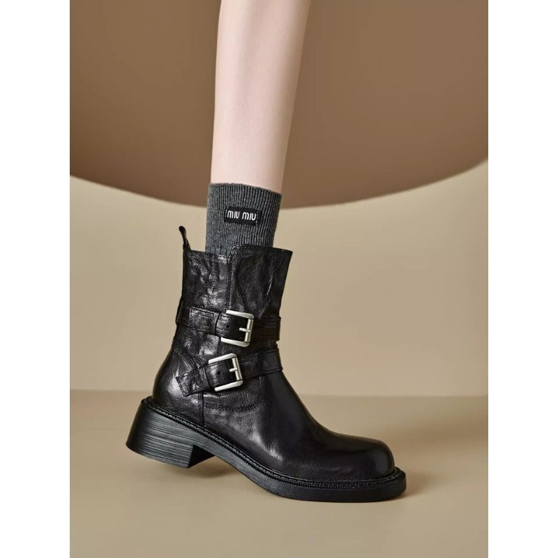 英伦风真皮金属扣圆头马丁靴女2025冬季皮带扣厚底粗跟机车靴短靴