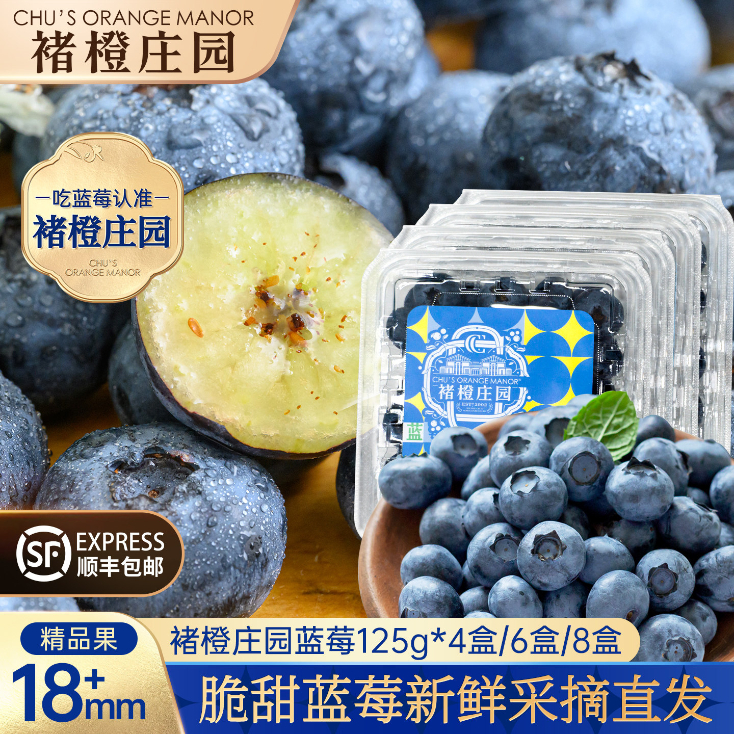 褚橙庄园金标蓝莓18mm以上125g*4/6/8盒脆甜花香蓝莓当季采摘直发