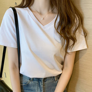 韩版白色t恤女短袖宽松v领夏装2021新款纯色半袖鸡心领短款上衣潮