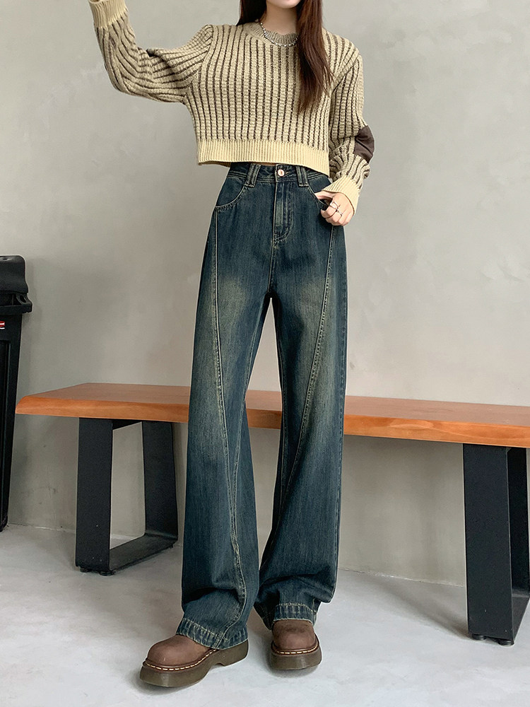 Vintage straight-leg fleece-lined jeans for women, 2025 new winter high-waist slimming patchwork design extended floor-sweeping pants