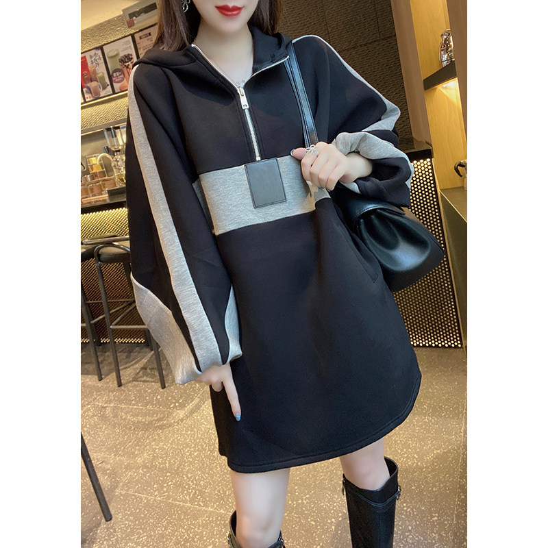 潮流减龄宽松半开领黑色卫衣裙连衣裙欧洲站2020秋季女装新款欧货