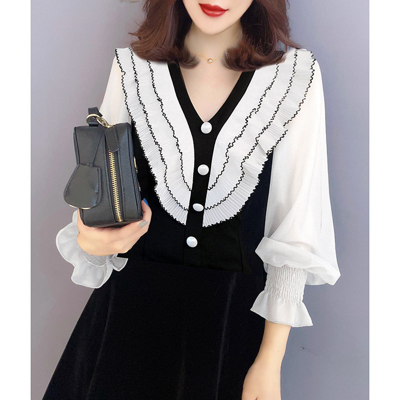 法式气质拼接V领收腰A字长袖连衣裙欧洲站2020秋季女装新款欧货潮