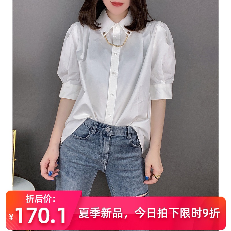 时尚气质宽松白色五分泡泡袖衬衫上衣欧洲站2020夏季女装新款欧货