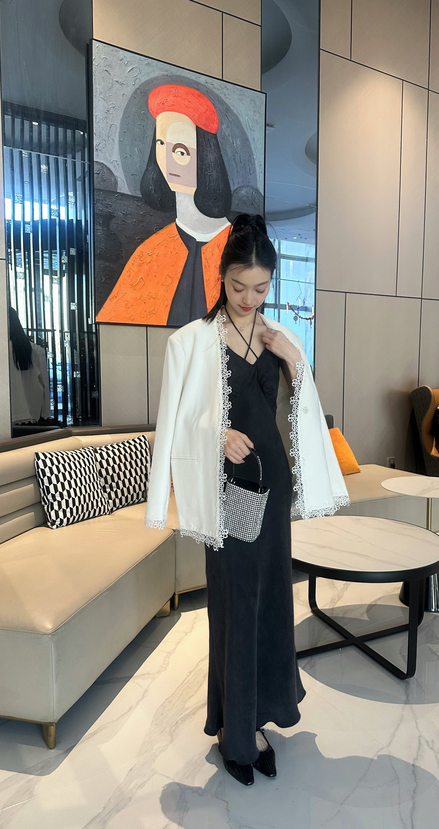 金cc2026春新款 原创三醋酸高级感蕾丝拼接V领气质西装外套上衣女