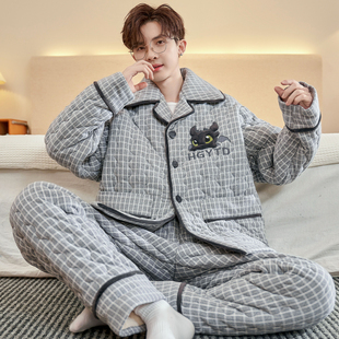 睡衣男士冬季款珊瑚绒三层夹棉加厚加绒法兰绒保暖家居服男生冬天