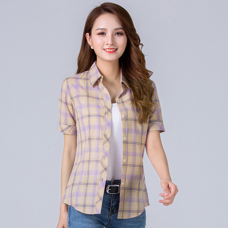 长袖格子衬衫女修身纯棉