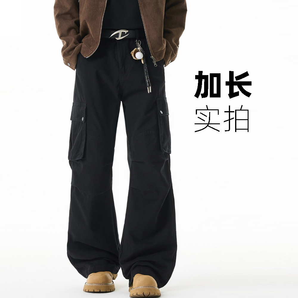 多口袋美式加长工装裤男士高个子休闲褶皱伞兵阔腿长裤