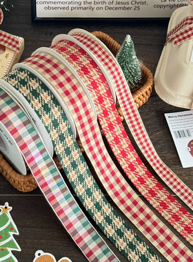 圣诞节格子丝带礼物盒包装饰彩带手工DIY蝴蝶结红绿织带缎带绸带