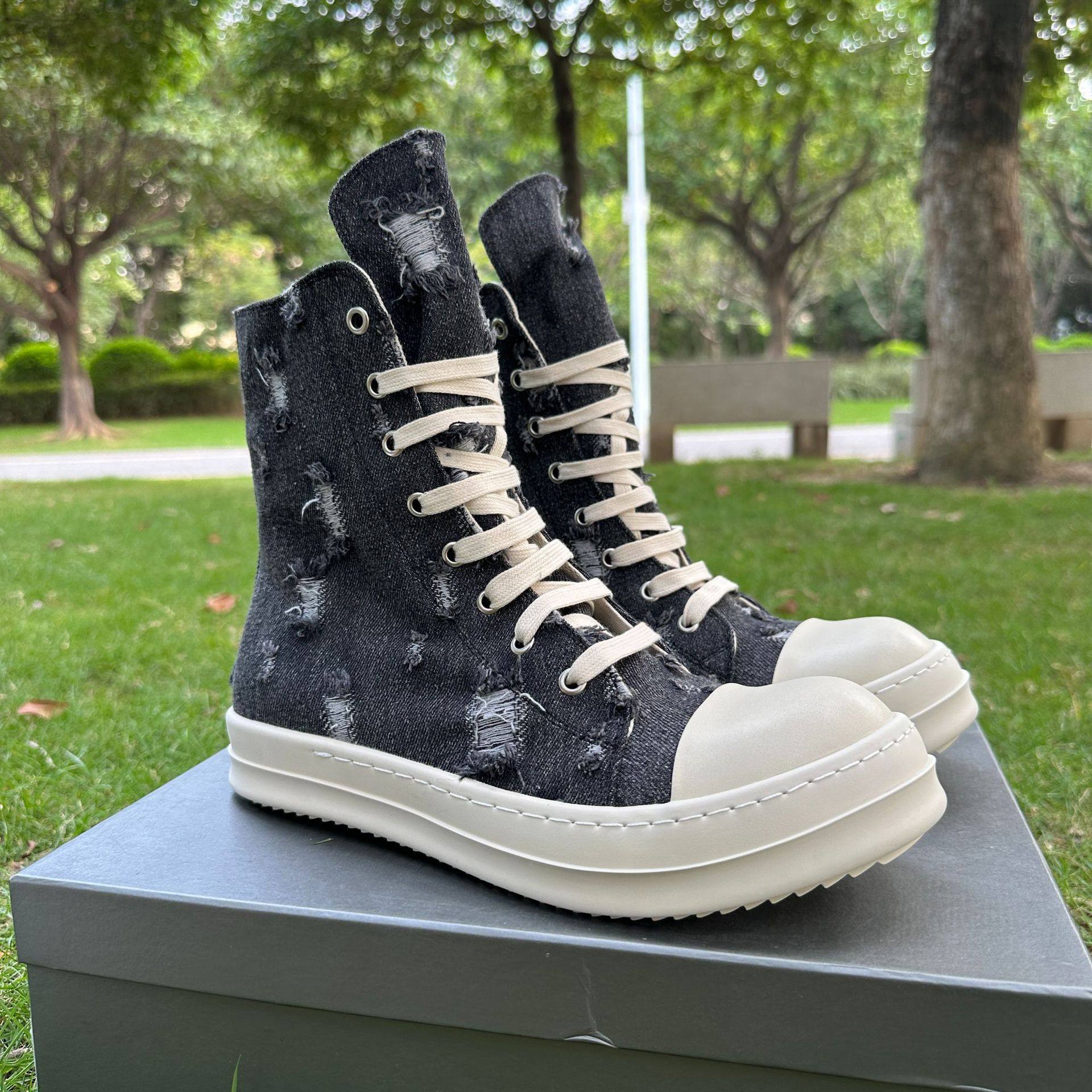 ro高帮鞋春秋新款牛仔布破洞乞丐鞋个性百搭奶香增高厚底板鞋