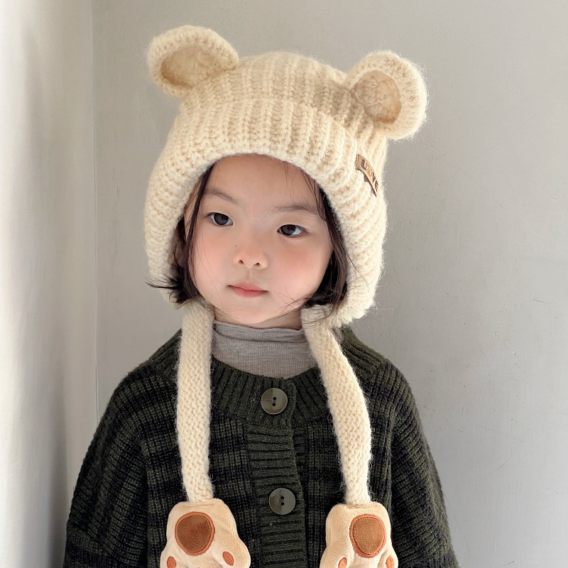 宝宝帽子秋冬季韩版简约小熊护耳帽男童小女孩冬天加厚保暖毛线帽
