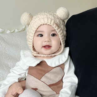 婴儿帽子秋冬季纯棉可爱宝宝双球护耳帽男女童冬天防风针织毛线帽