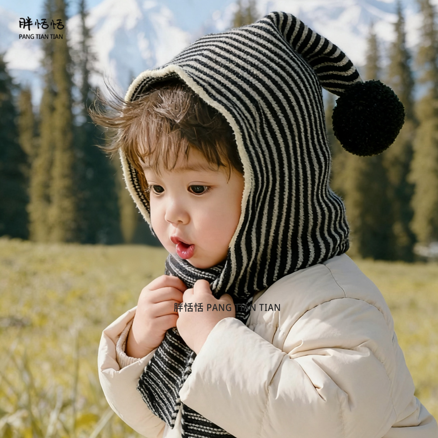 宝宝帽子冬季韩版条纹围脖一体帽男童女孩毛线帽秋冬婴儿童护耳帽