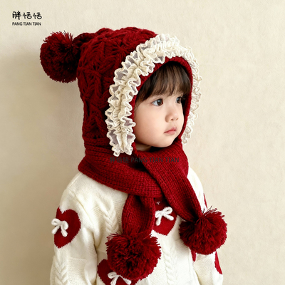 女童冬季针织保暖围脖一体帽子