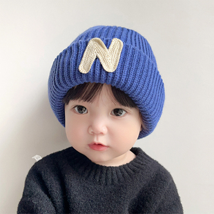 儿童帽子秋冬季 字母N毛线帽冬天男女宝宝婴儿保暖洋气针织帽 韩版