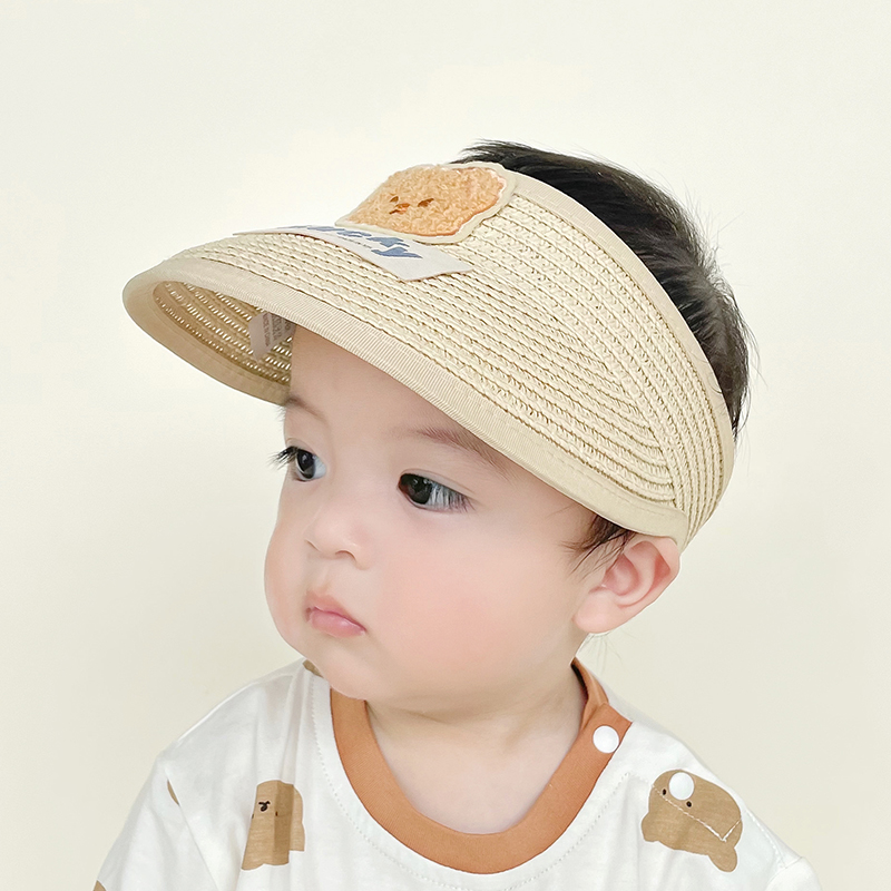 婴儿防晒帽子夏季男宝宝小熊编织空顶凉帽夏天遮阳透气小童太阳帽