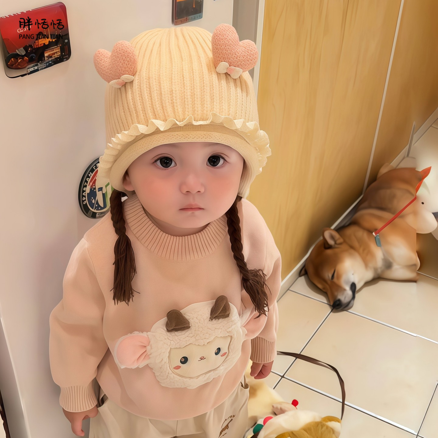 婴儿帽子秋冬季超萌爱心耳针织辫子帽冬天女童宝宝保暖护耳毛线帽