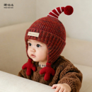 婴儿帽子冬季 红色加绒小月龄护耳帽男孩宝宝套头帽保暖防寒毛线帽