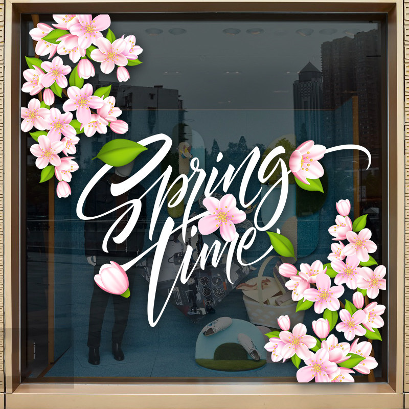 春季贴纸商场橱窗玻璃门氛围装饰花朵静电贴门贴玻璃贴纸春季上新