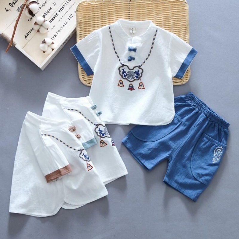 男童唐装中国风夏装2020新款儿童汉服短袖宝宝夏季套装复古两件。