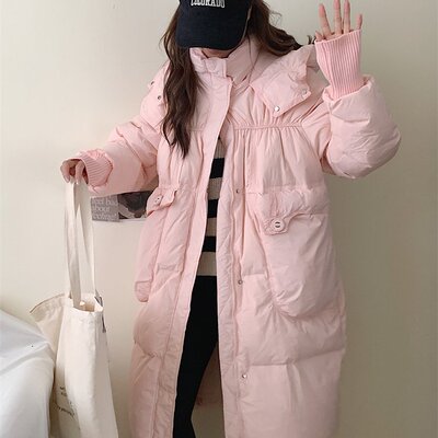 白鸭绒 粉色中长款过膝连帽羽绒服女韩版宽松保暖加厚外套