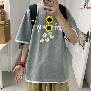 LT30068-P30小雏菊港风ins假两件t恤男短袖男五分袖男 港风图片