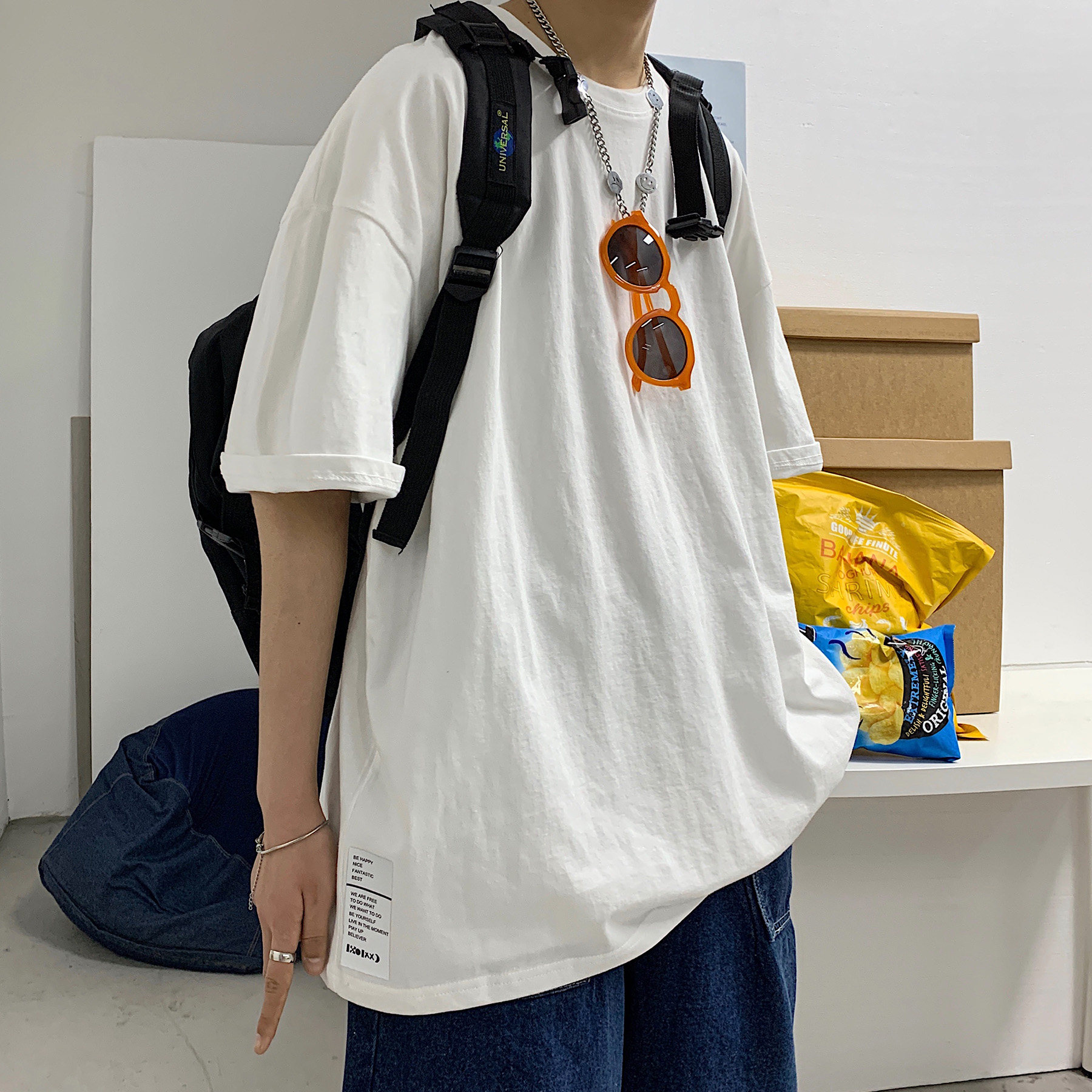 DX17045-P25 纯棉宽松短袖t恤男大码五分袖男半袖男 港风图片