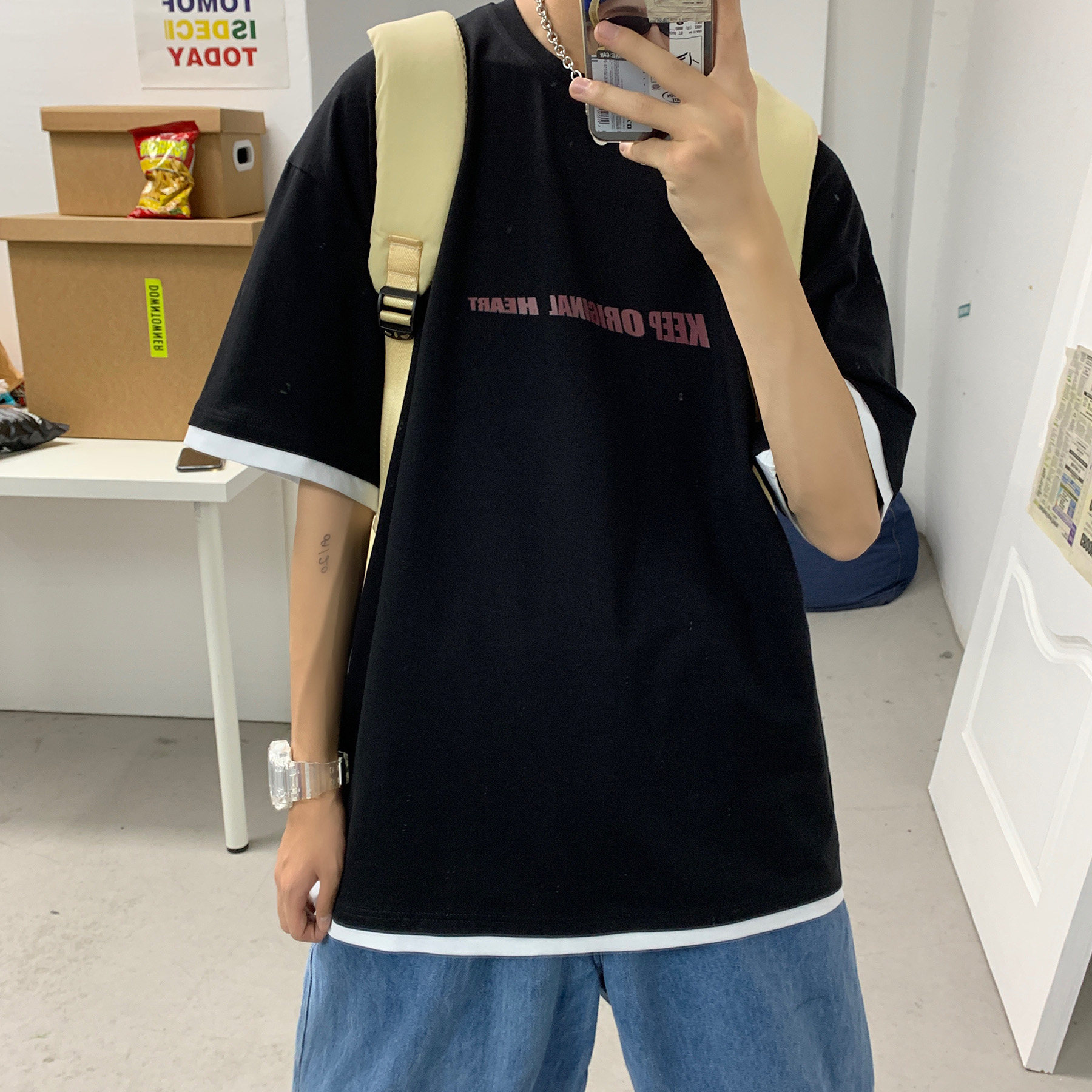 LT30071-P30 假两件t恤男短袖男大码5五分袖男半袖图片