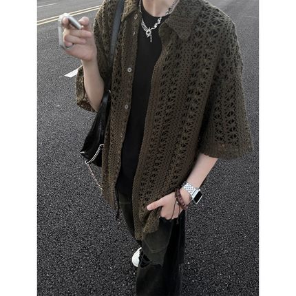灰绿色镂空针织短袖衬衫男慵懒风潮牌夏季款宽松翻领休闲痞帅外套