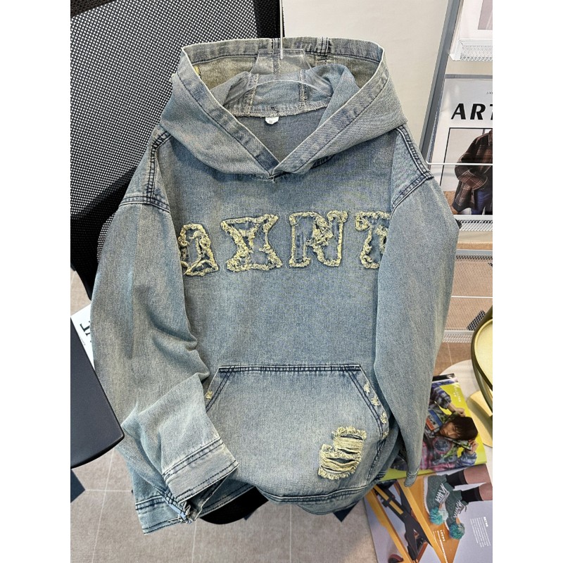 美式hiphop破洞牛仔外套男款春秋季潮牌刺绣水洗卫衣宽松连帽夹克