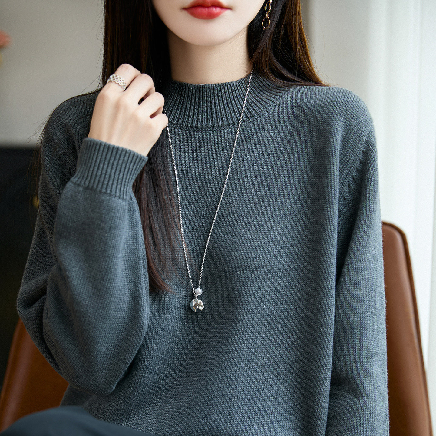 100%纯棉半高领毛衣女秋冬