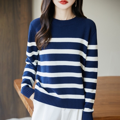 100%纯棉条纹圆领毛衣女秋冬