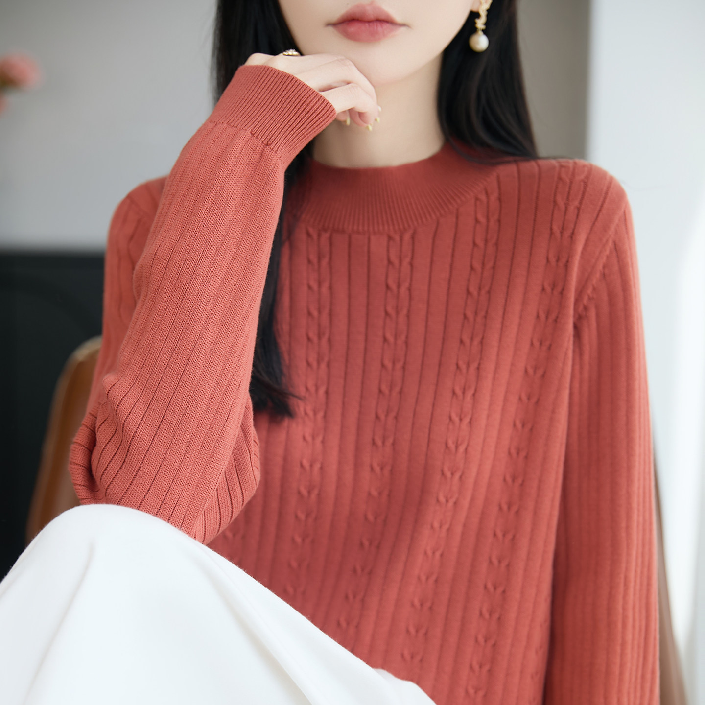 100%纯棉半高领麻花毛衣女秋冬宽松大码宽松遮肉显瘦针织打底衫女