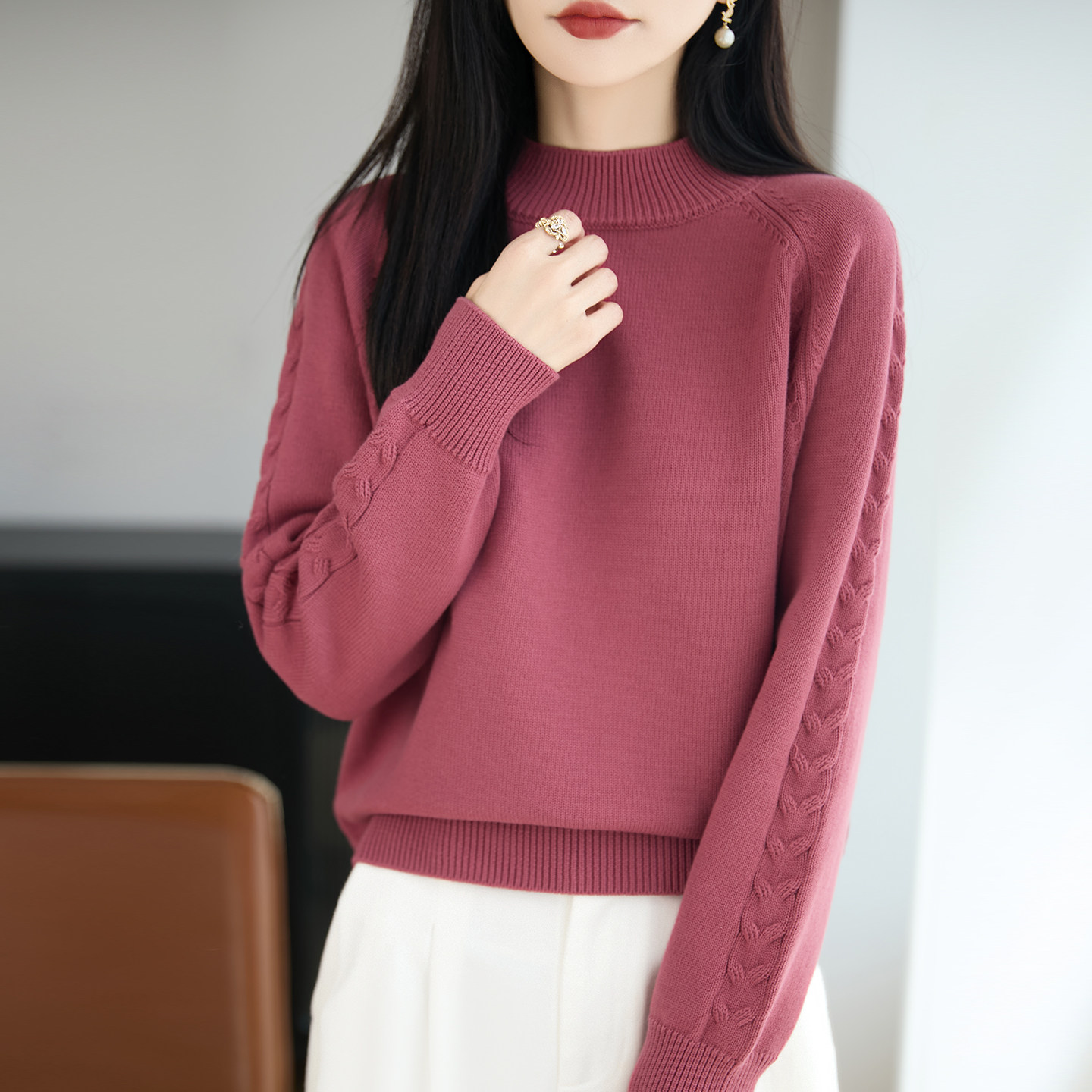 时尚麻花100%纯棉半高领毛衣女秋冬大码宽松洋气百搭针织打底衫女