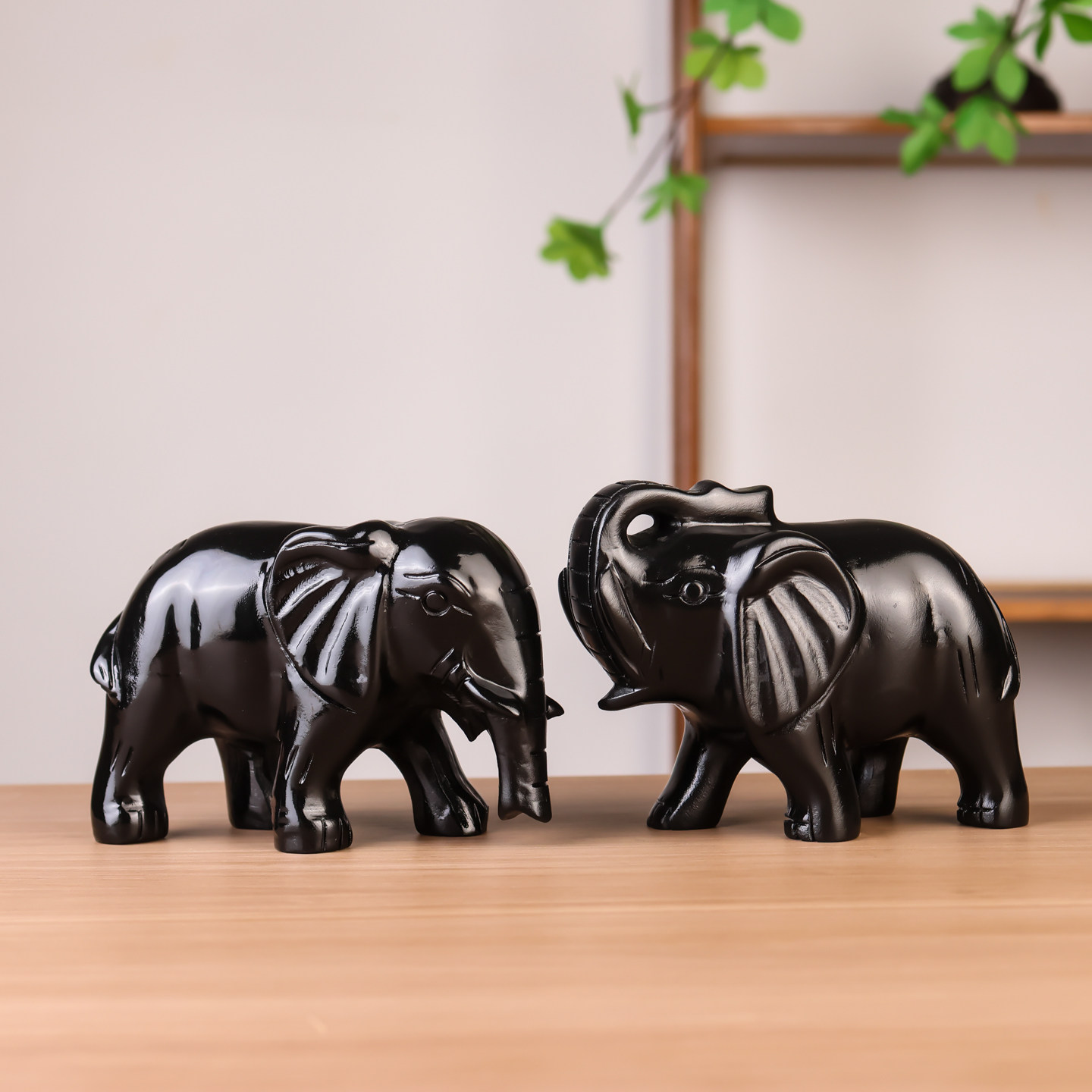 天然黑曜石一对玉石大象工艺品玉雕工艺品玉器大象风水客厅摆件