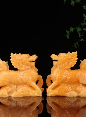 天然黄玉麒麟摆件一对招财玄关