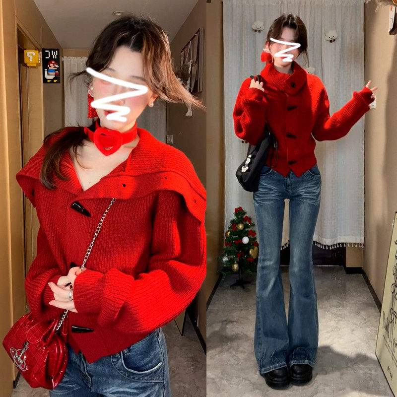 新年红色高领牛角扣毛衣外套女2025新款秋冬慵懒高级感针织衫上衣,个性定制/设计服务/DIY,棉服工装,淘宝优惠券,粉丝福利购,淘宝优惠卷