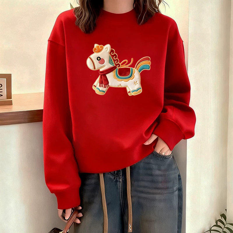 红色圆领卫衣马年本命年衣服2026爆款洋气红色时尚上衣女时髦洋气,个性定制/设计服务/DIY,棉服工装,淘宝优惠券,粉丝福利购,淘宝优惠卷