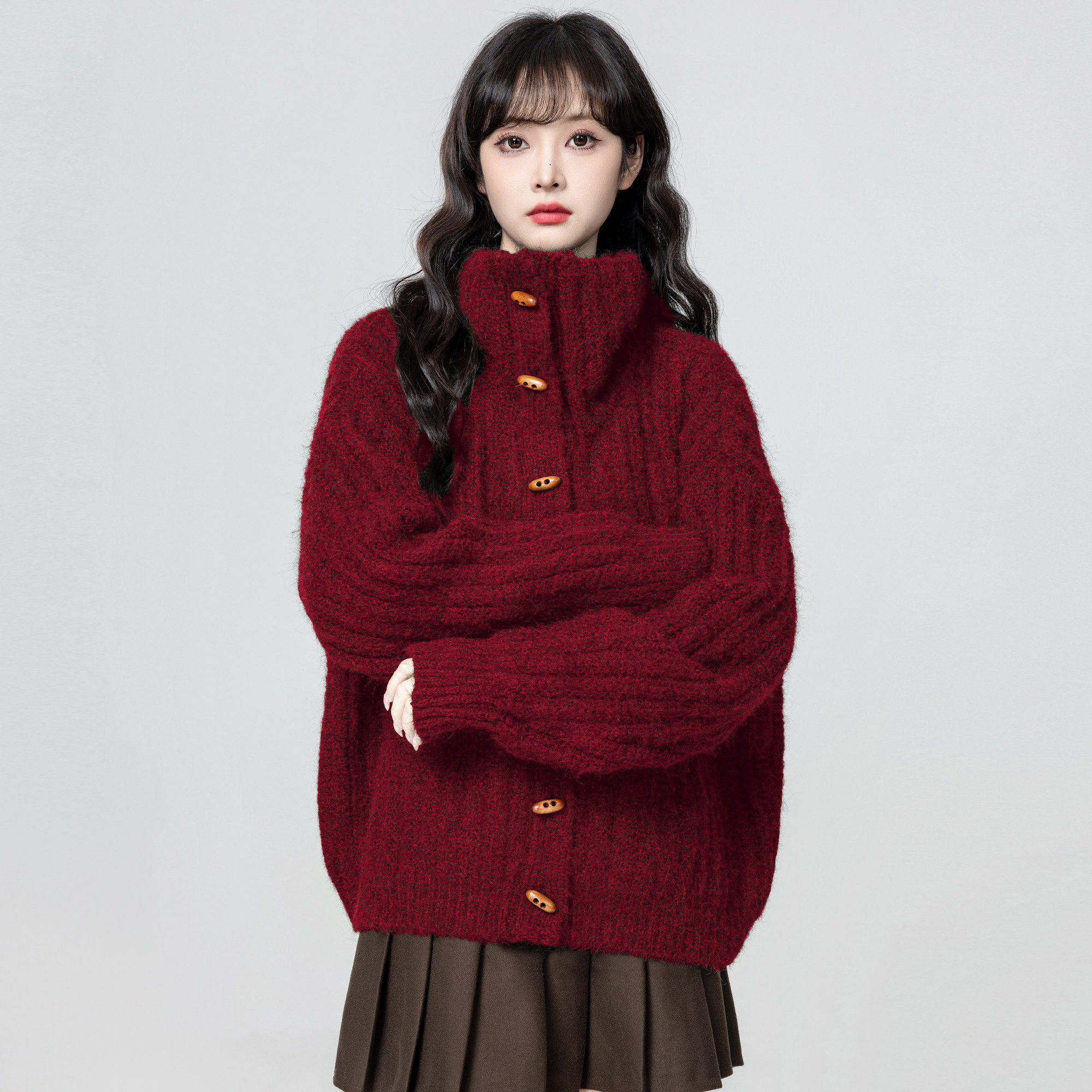 红色高领毛衣外套女秋冬2025冬季新款慵懒风宽松加厚针织开衫上衣,个性定制/设计服务/DIY,棉服工装,淘宝优惠券,粉丝福利购,淘宝优惠卷
