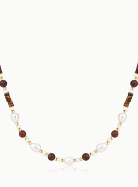 Clau Cris天然虎眼石淡水珍珠焦糖月光项链轻奢小众高级感通勤