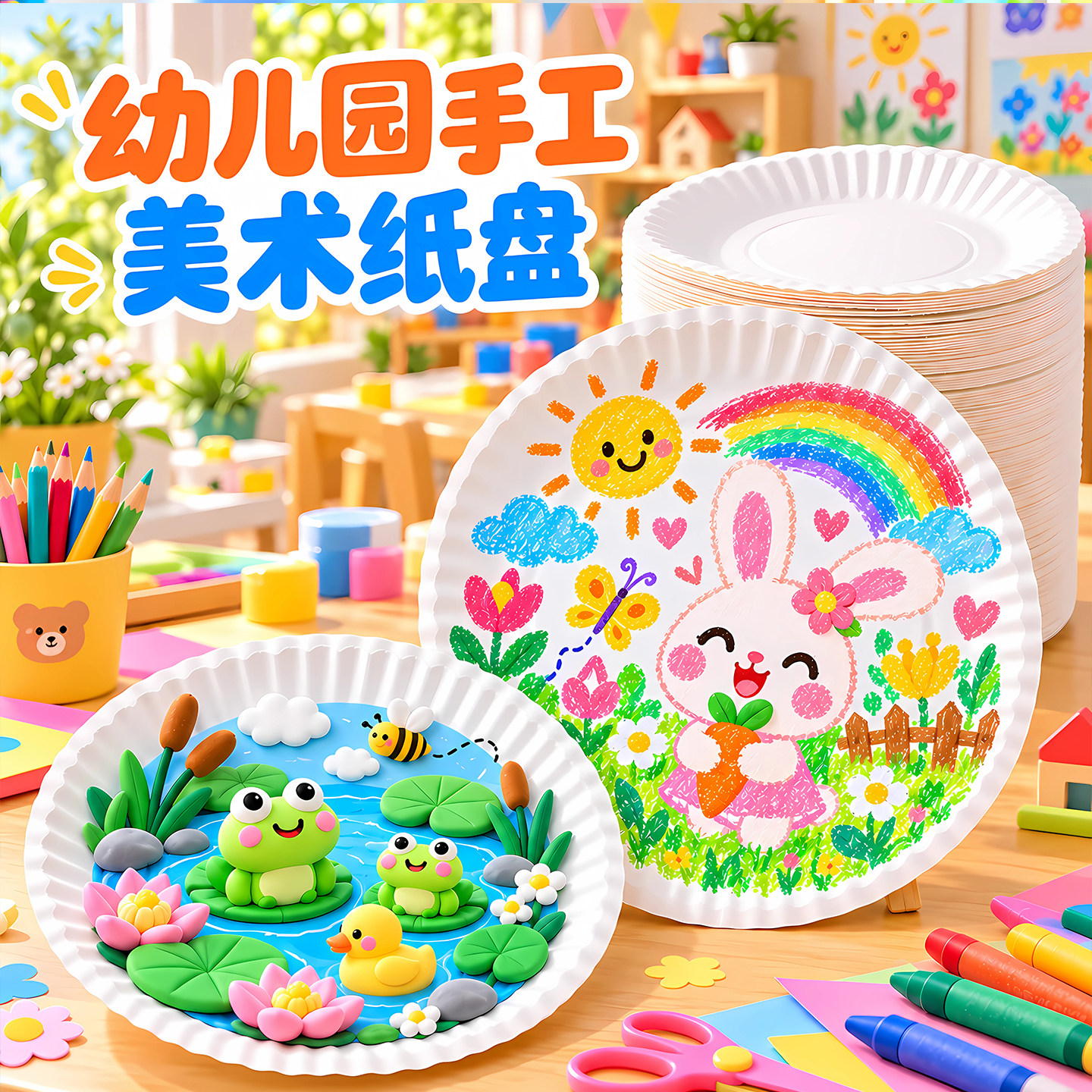 一次性纸盘子儿童手工DIY绘画涂鸦白纸盘幼儿园圆形蛋糕材料纸碟
