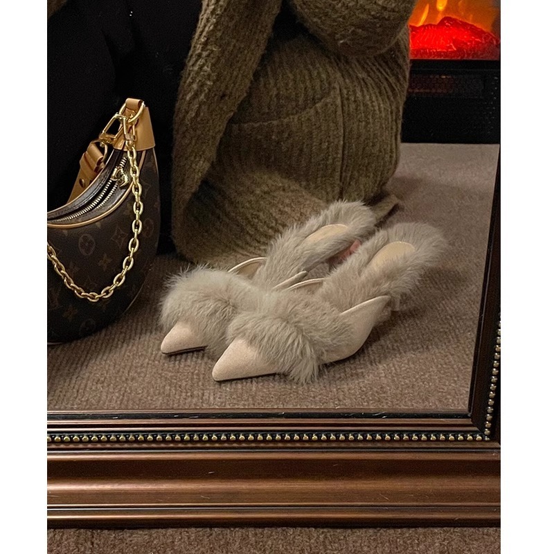 毛毛高跟鞋女冬天细跟时尚加绒网红气质包头半拖鞋女外穿尖头秋冬