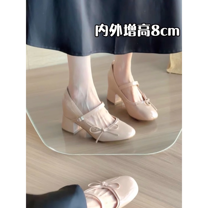 内外增高8cm裸色蝴蝶结圆头高跟玛丽珍女鞋款真皮粗跟一字扣单鞋