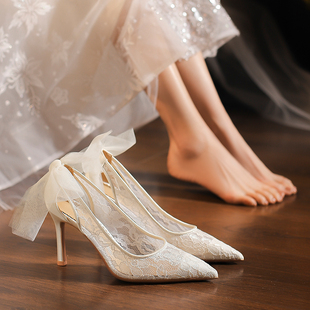 法式网纱蕾丝白色设计感小众婚纱新娘婚鞋女细跟绝美不累脚高跟鞋